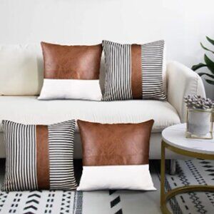 Set of 4 18x18 Inch Leather Stitching Canvas Modern Farmhouse Pillow Covers